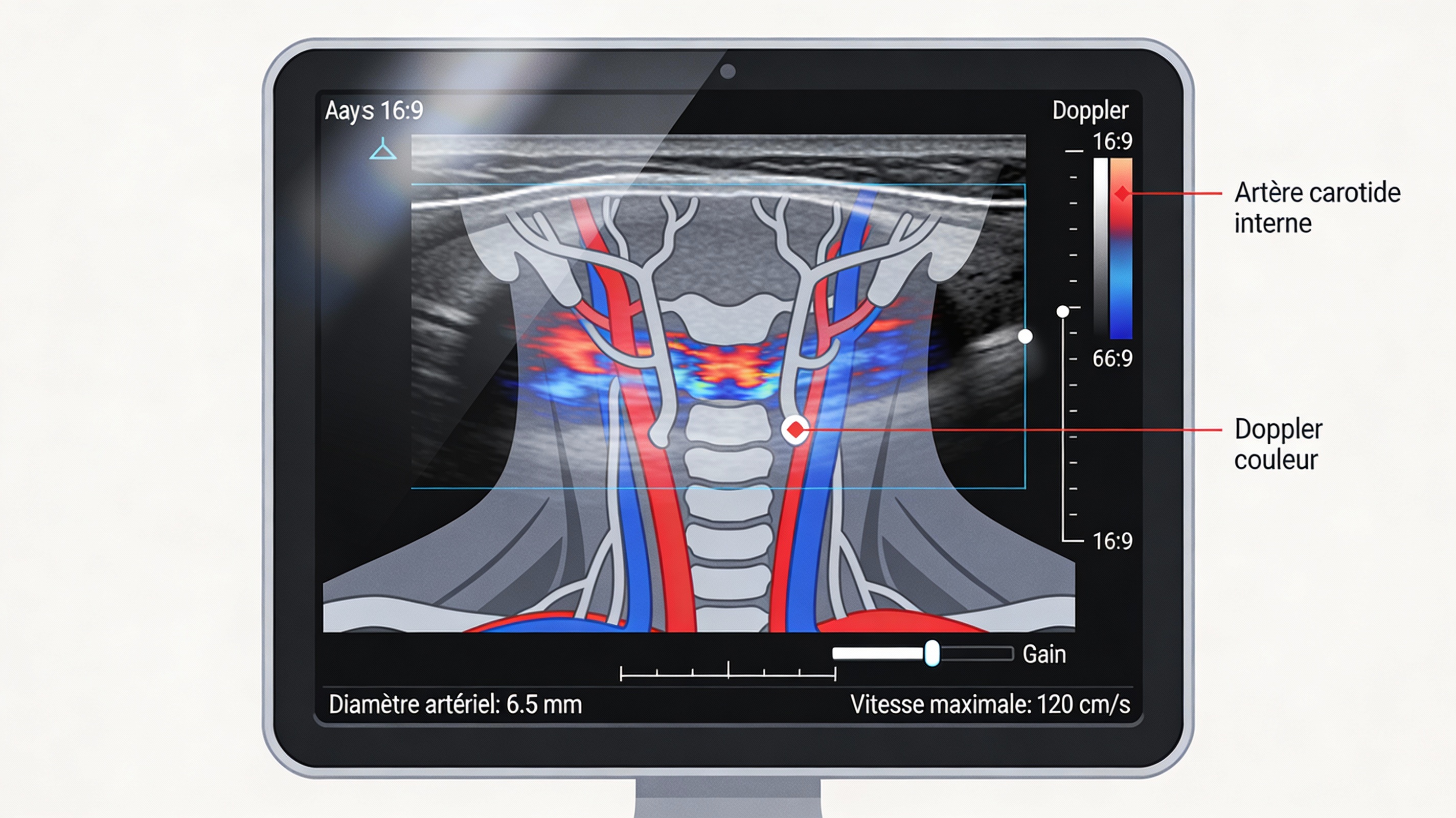 Écran d’échographie montrant un Doppler couleur des artères carotides