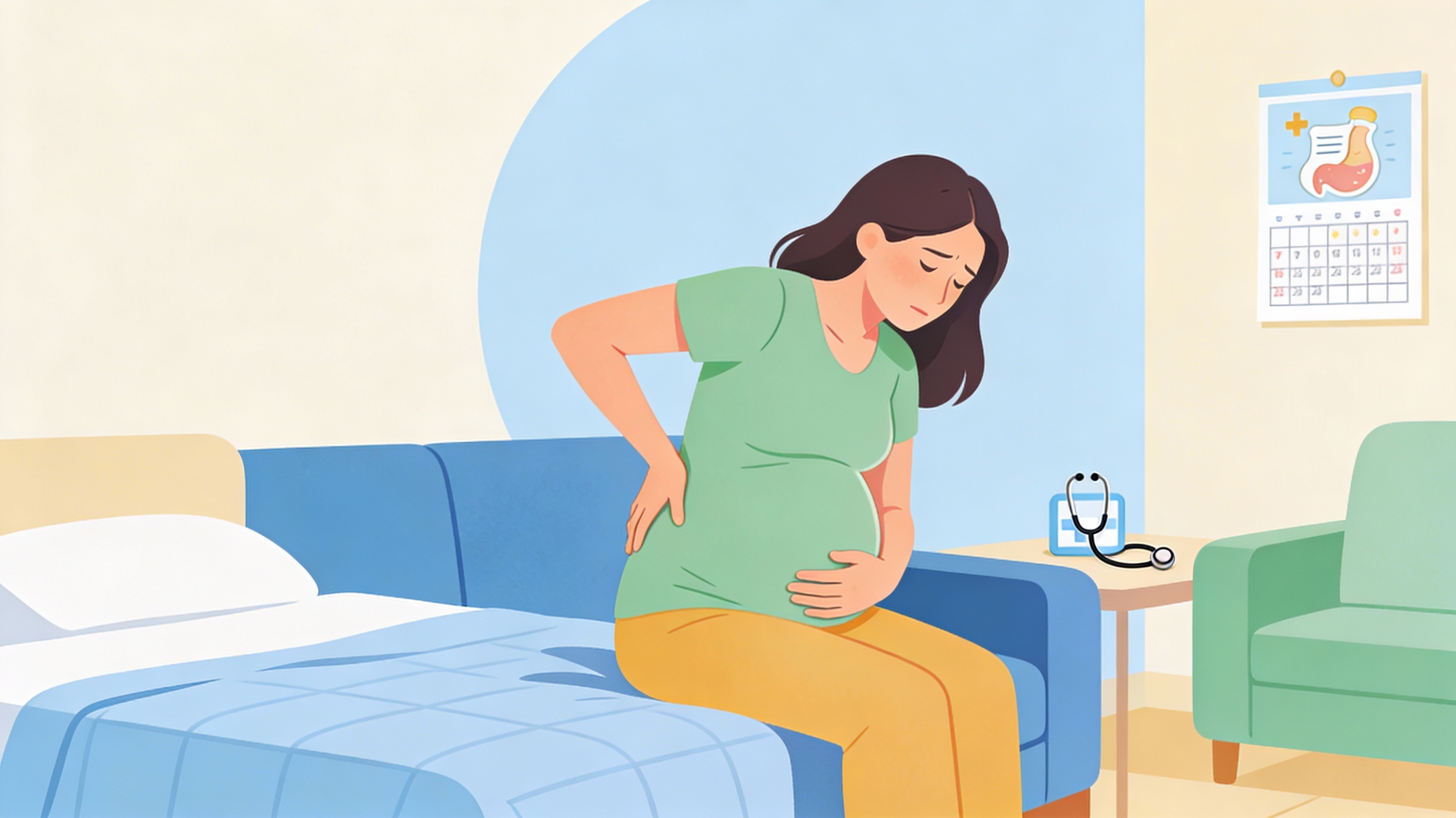 Femme enceinte tenant son ventre avec une expression de léger inconfort.